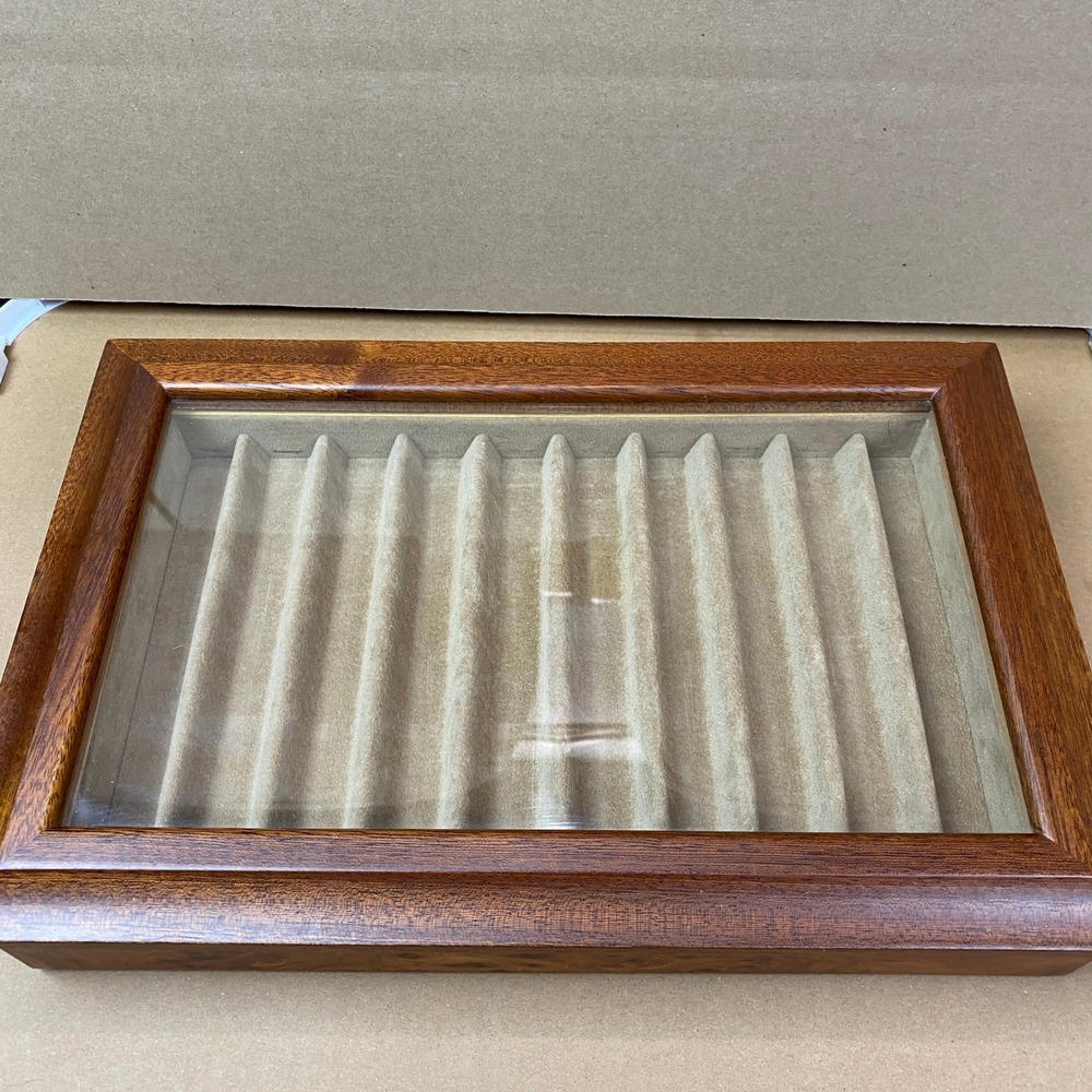 Agresti Italian Wood Pen Display Case Glass Top 10 Slot Suede Tray Burl Brown